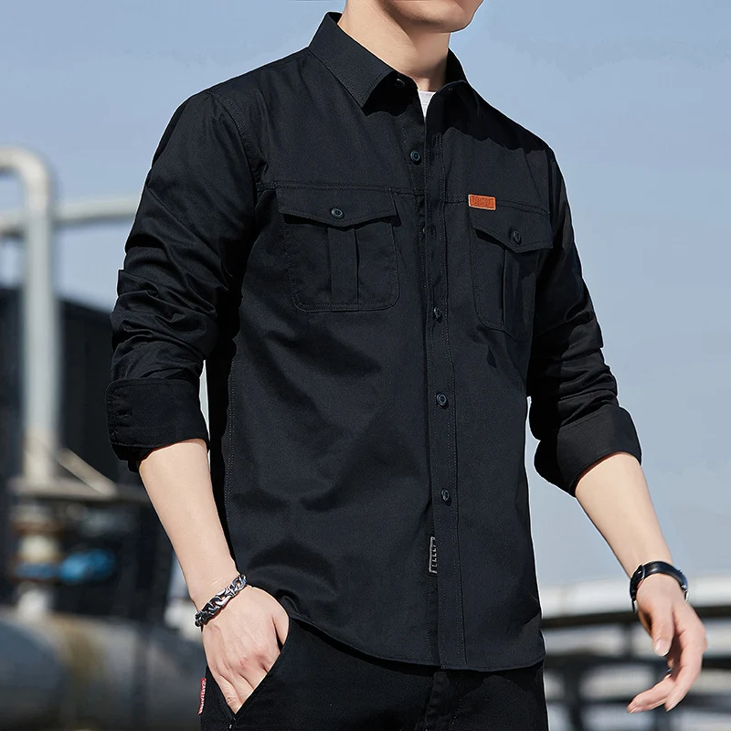 Herren leichtes Utility-Overshirt aus Baumwoll-Canvas mit Brustpattentaschen Drune