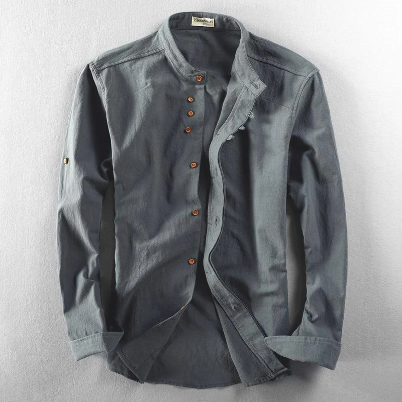Herren Leichtes Baumwoll-Leinen Overshirt mit Stehkragen und Knopfleisten-Detail Drune