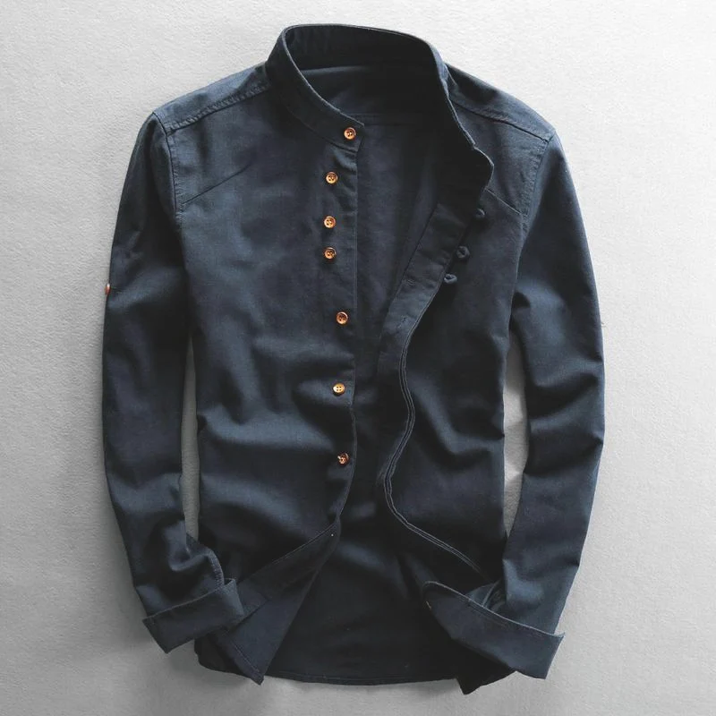 Herren Leichtes Baumwoll-Leinen Overshirt mit Stehkragen und Knopfleisten-Detail Drune