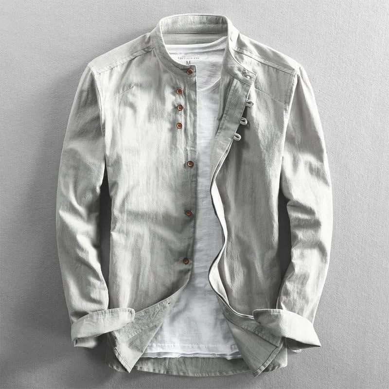 Herren Leichtes Baumwoll-Leinen Overshirt mit Stehkragen und Knopfleisten-Detail Drune