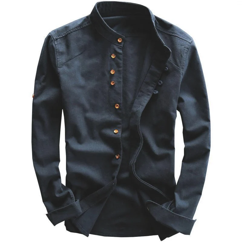Herren Leichtes Baumwoll-Leinen Overshirt mit Stehkragen und Knopfleisten-Detail Drune