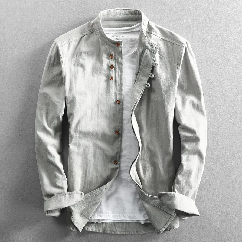 Herren Leichtes Baumwoll-Leinen Overshirt mit Stehkragen und Knopfleisten-Detail Drune