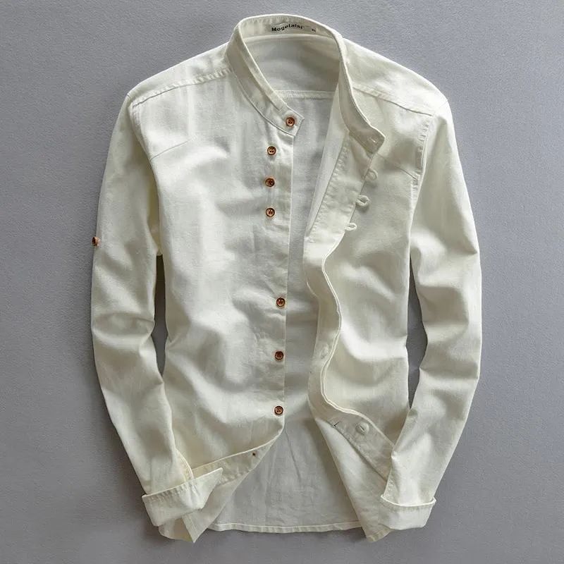 Herren Leichtes Baumwoll-Leinen Overshirt mit Stehkragen und Knopfleisten-Detail Drune
