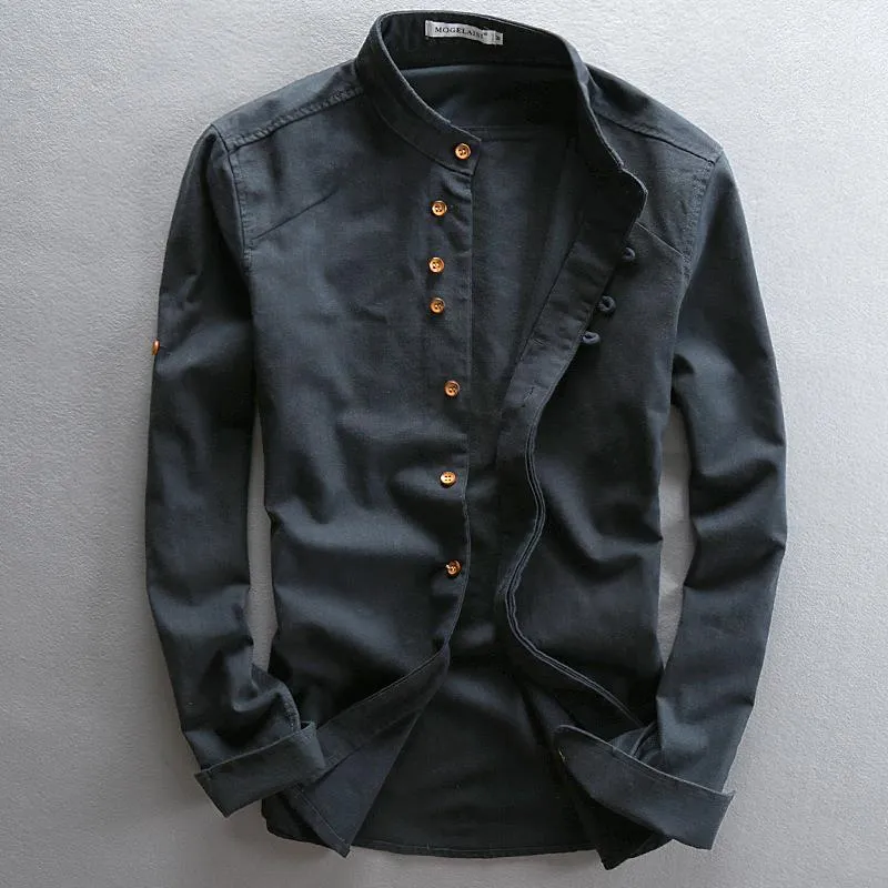 Herren Leichtes Baumwoll-Leinen Overshirt mit Stehkragen und Knopfleisten-Detail Drune