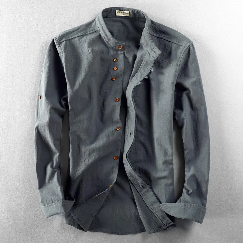 Herren Leichtes Baumwoll-Leinen Overshirt mit Stehkragen und Knopfleisten-Detail Drune