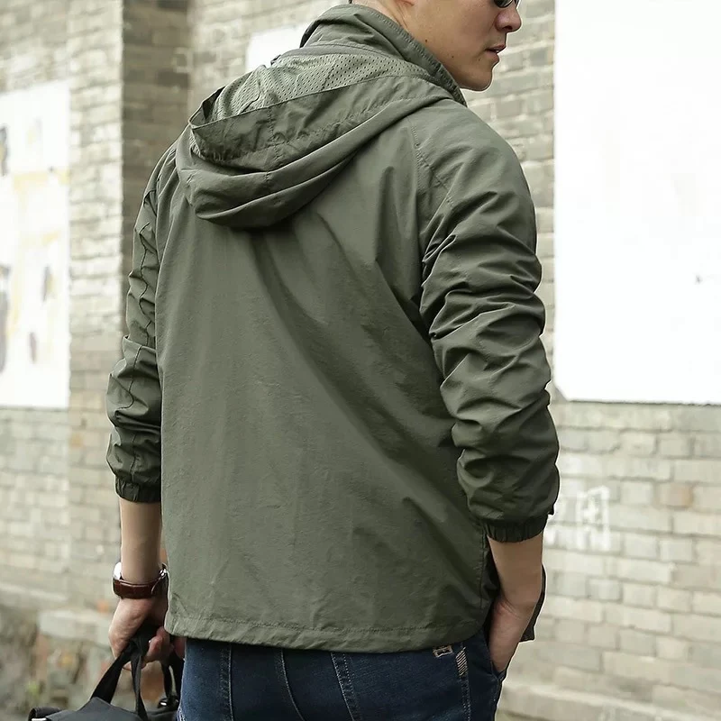 Herren leichter winddichter Shell‑Hoodie mit Mesh‑Futter, Kapuze und verstellbarem Saum Drune