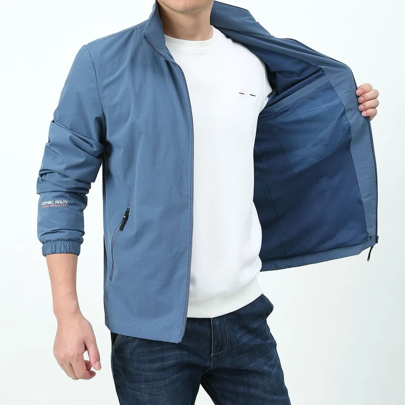 Herren Leichter Windbreaker Blouson mit Stehkragen Reißverschluss‑Taschen und elastischen Bündchen Drune