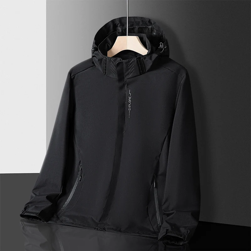 Herren leichter wasserdichter Softshell‑Hoodie mit Kapuze und Tarn‑Hex‑Alloverprint Drune