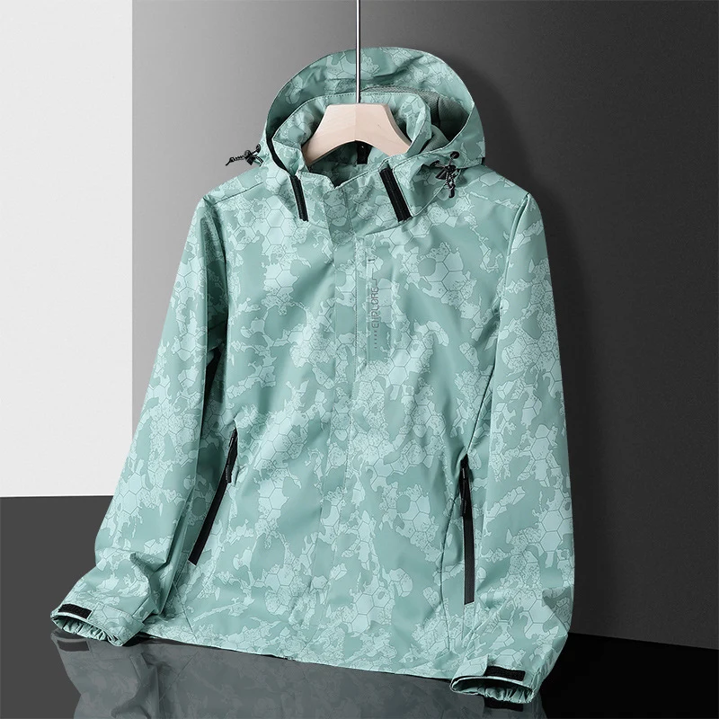 Herren leichter wasserdichter Softshell‑Hoodie mit Kapuze und Tarn‑Hex‑Alloverprint Drune