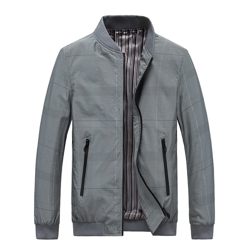 Herren leichter Nylon‑Bomberjacke mit gestreiftem Innenfutter, Reißverschluss‑Taschen und gerippten Abschlüssen Drune