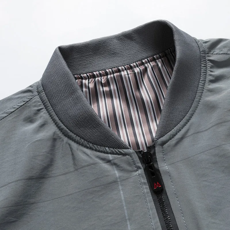 Herren leichter Nylon‑Bomberjacke mit gestreiftem Innenfutter, Reißverschluss‑Taschen und gerippten Abschlüssen Drune