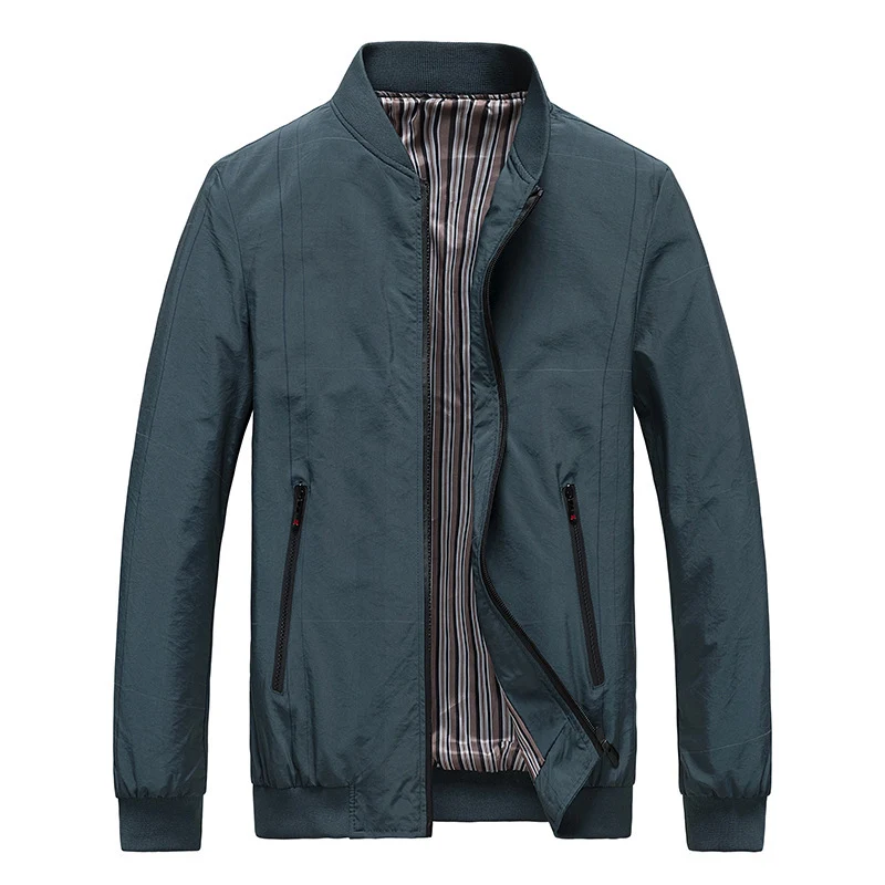 Herren leichter Nylon‑Bomberjacke mit gestreiftem Innenfutter, Reißverschluss‑Taschen und gerippten Abschlüssen Drune