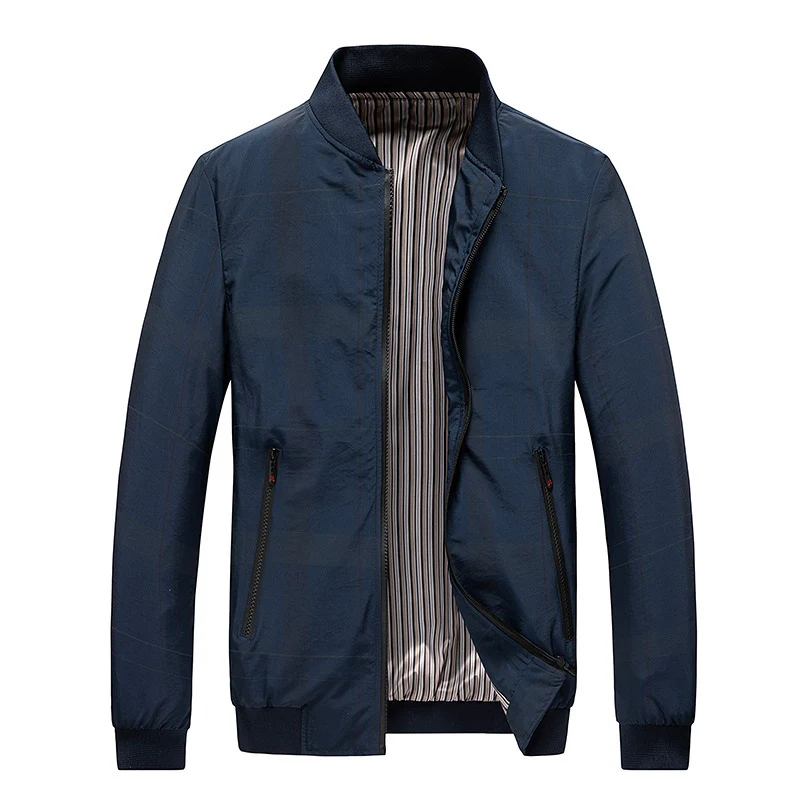 Herren leichter Nylon‑Bomberjacke mit gestreiftem Innenfutter, Reißverschluss‑Taschen und gerippten Abschlüssen Drune