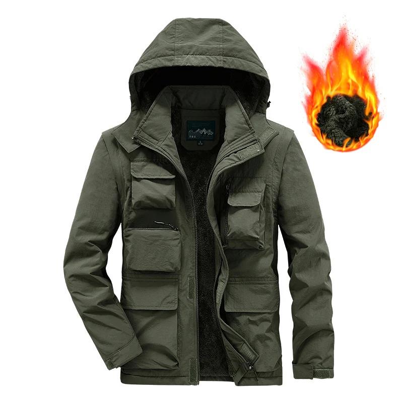 Herren Multifunktionaler Fleece-gefütterter Fieldparka mit Kapuze und Mehrfach-Taschen Drune