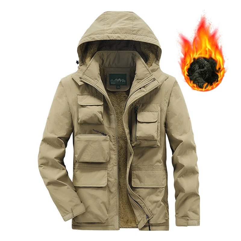 Herren Multifunktionaler Fleece-gefütterter Fieldparka mit Kapuze und Mehrfach-Taschen Drune
