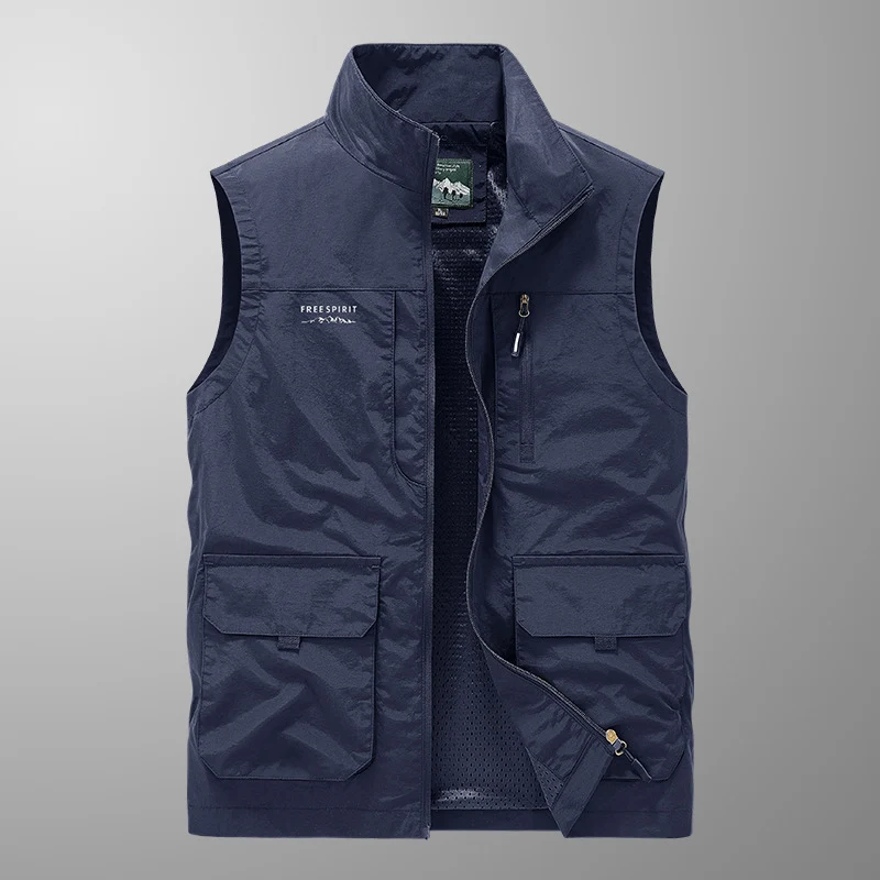 Herren multifunktionale Utility-Weste mit Mesh-Futter, Stehkragen und Mehrfachtaschen Drune