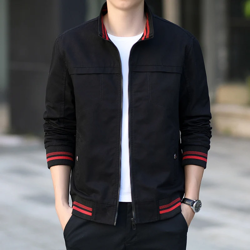 Herren moderner Canvas-Bomberjacke im Worker‑Stil mit gestreiften Rippbündchen und Reißverschluss Drune