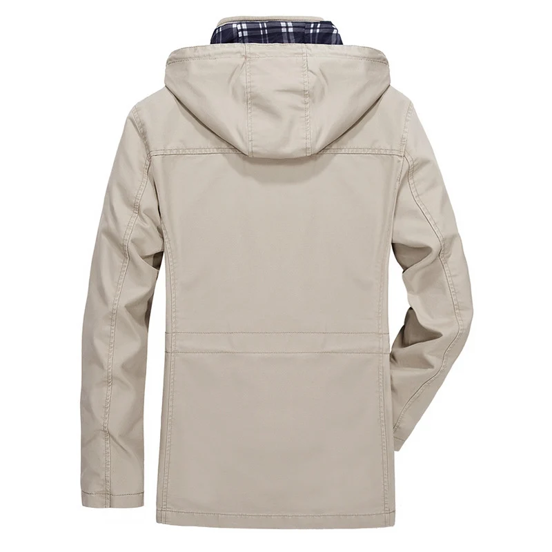 Herren mittellanger Parka mit Kapuze, kariertem Innenfutter und Taillenkordel Drune