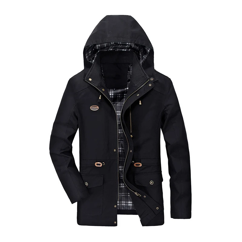 Herren mittellanger Parka mit Kapuze, kariertem Innenfutter und Taillenkordel Drune