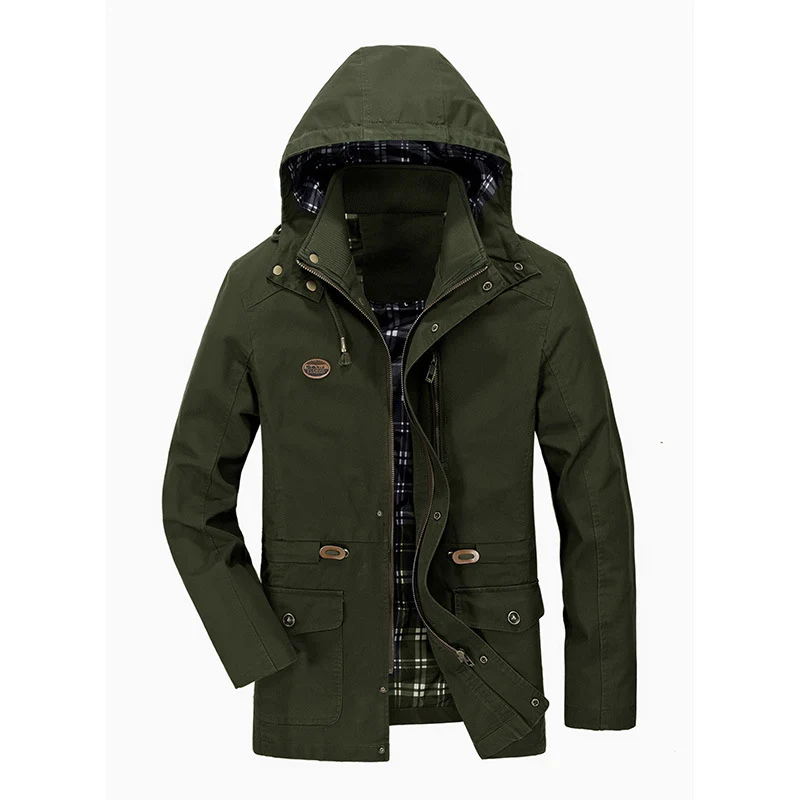 Herren mittellanger Parka mit Kapuze, kariertem Innenfutter und Taillenkordel Drune
