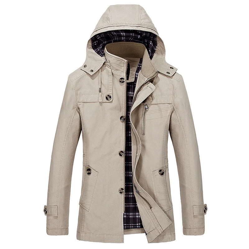 Herren mittellanger Kapuzenparka mit kariertem Innenfutter und verdeckter Zip‑Knopfleiste Drune