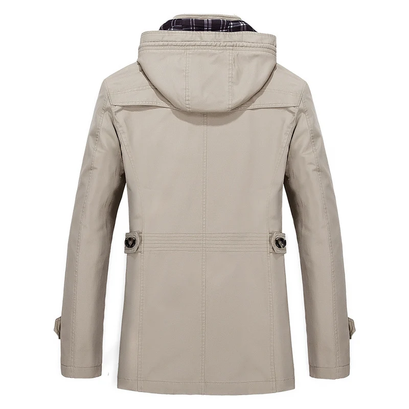 Herren mittellanger Kapuzenparka mit kariertem Innenfutter und verdeckter Zip‑Knopfleiste Drune