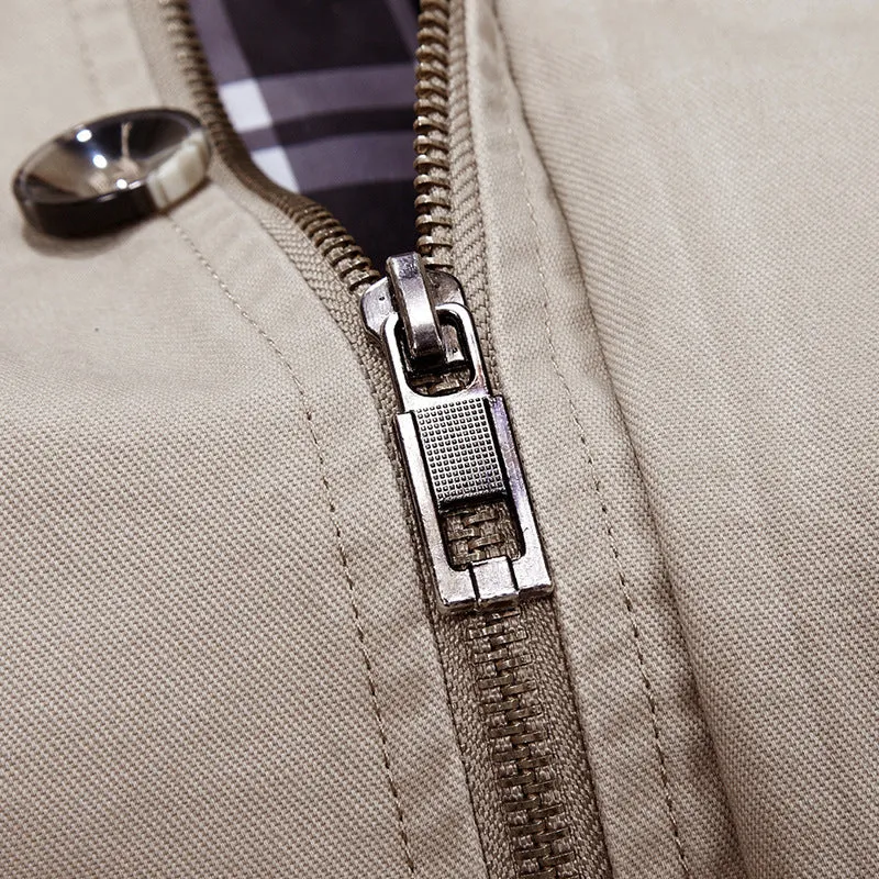 Herren mittellanger Kapuzenparka mit kariertem Innenfutter und verdeckter Zip‑Knopfleiste Drune