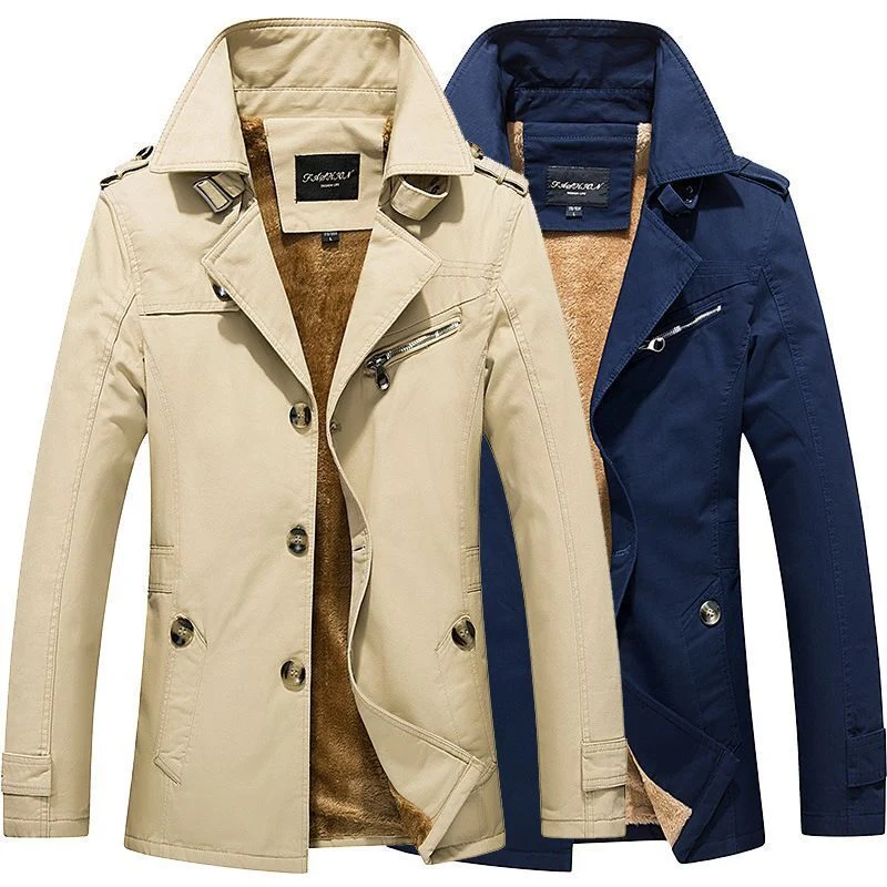 Herren mittellanger doppelreihiger Trenchcoat mit Teddyfutter und Stehkragen Drune