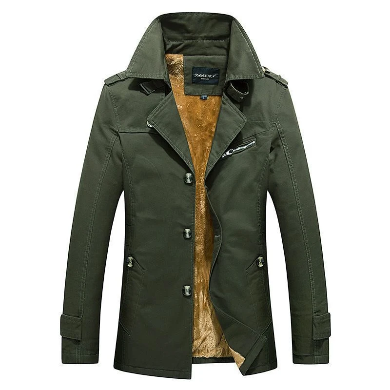Herren mittellanger doppelreihiger Trenchcoat mit Teddyfutter und Stehkragen Drune