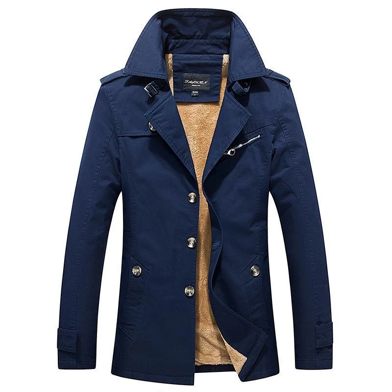 Herren mittellanger doppelreihiger Trenchcoat mit Teddyfutter und Stehkragen Drune