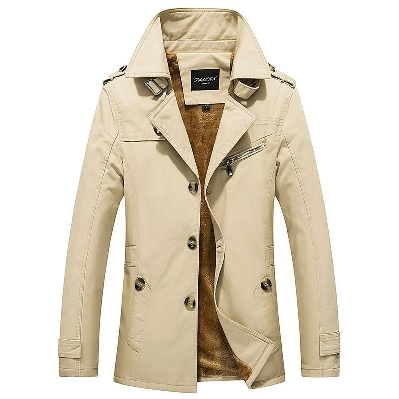 Herren mittellanger doppelreihiger Trenchcoat mit Teddyfutter und Stehkragen Drune