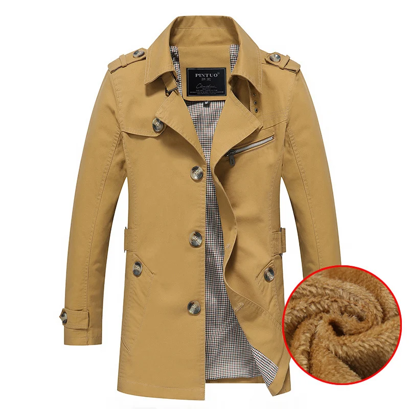 Herren mittellanger doppelreihiger Trenchcoat mit Teddyfutter und Stehkragen Drune