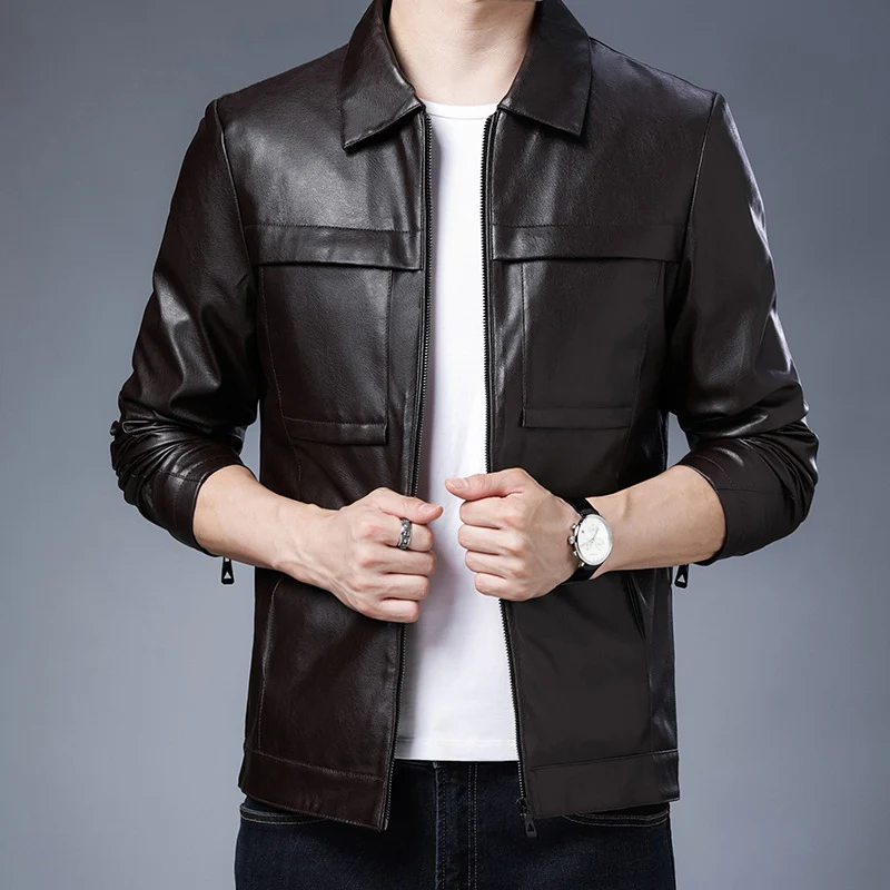 Herren minimalistisches Kunstleder-Zipblouson mit Hemdkragen und Pattentaschen Drune