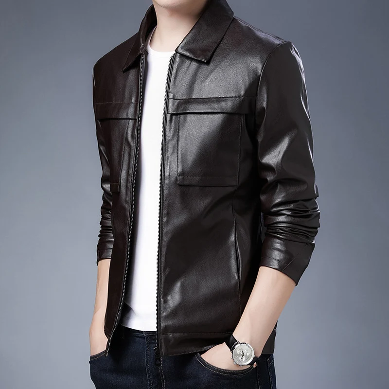 Herren minimalistisches Kunstleder-Zipblouson mit Hemdkragen und Pattentaschen Drune