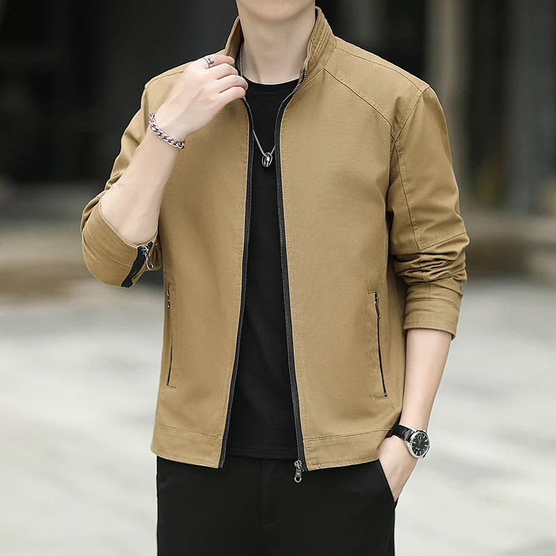 Herren Minimalistische Utility-Übergangsjacke aus Baumwoll-Canvas mit Stehkragen und Reißverschlusstaschen Drune