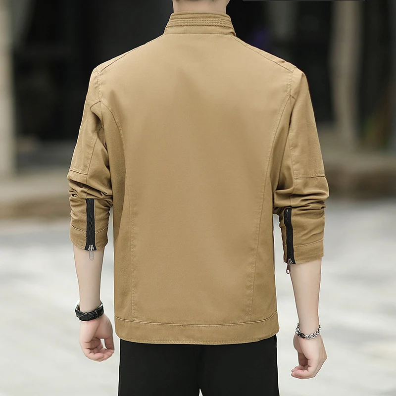 Herren Minimalistische Utility-Übergangsjacke aus Baumwoll-Canvas mit Stehkragen und Reißverschlusstaschen Drune
