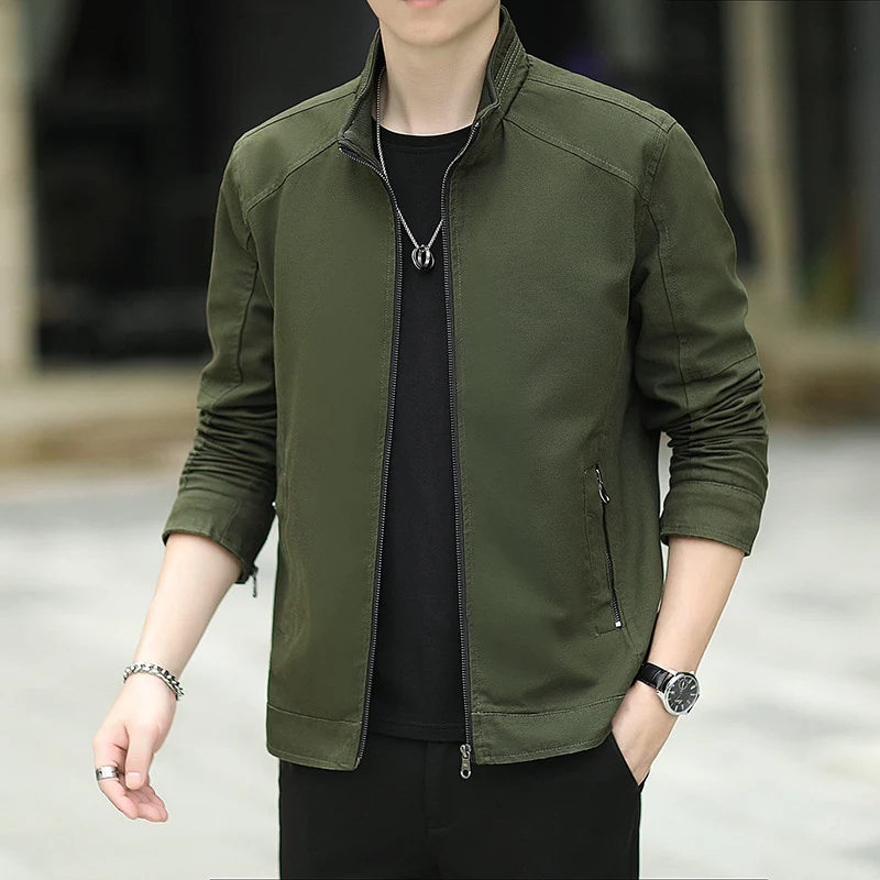 Herren Minimalistische Utility-Übergangsjacke aus Baumwoll-Canvas mit Stehkragen und Reißverschlusstaschen Drune