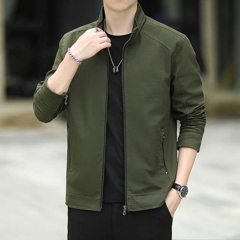 Herren Minimalistische Utility-Übergangsjacke aus Baumwoll-Canvas mit Stehkragen und Reißverschlusstaschen Drune