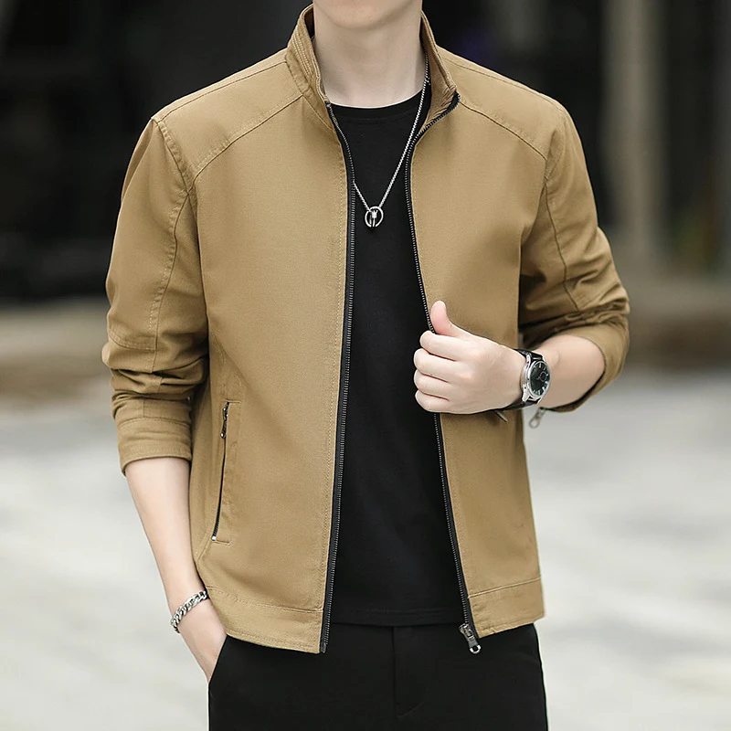 Herren Minimalistische Utility-Übergangsjacke aus Baumwoll-Canvas mit Stehkragen und Reißverschlusstaschen Drune