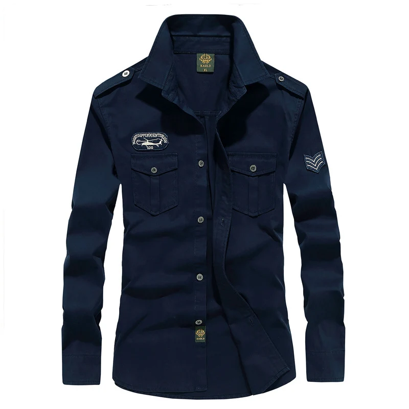 Herren Military-Utility Langarm-Canvashemd mit Brustpattentaschen und Schulterepauletten Drune