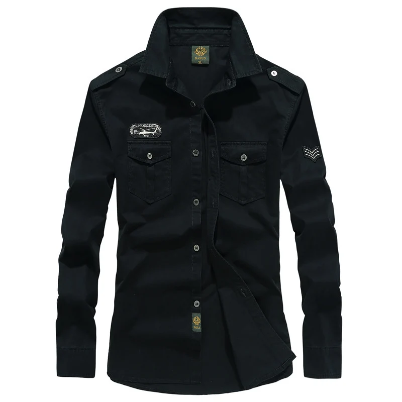 Herren Military-Utility Langarm-Canvashemd mit Brustpattentaschen und Schulterepauletten Drune