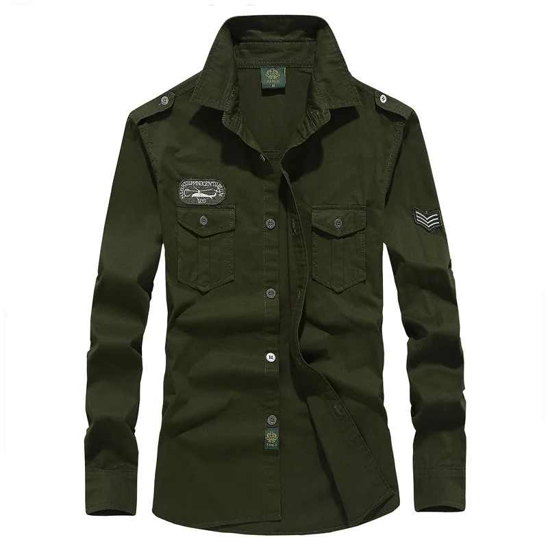 Herren Military-Utility Langarm-Canvashemd mit Brustpattentaschen und Schulterepauletten Drune