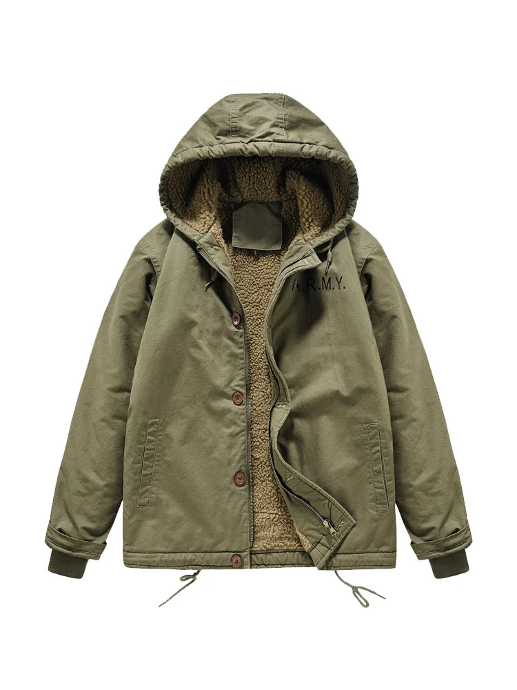 Herren Military-inspirierte Thermo-Kapuzenjacke mit Teddy‑Sherpa‑Futter und Kordelzug Drune