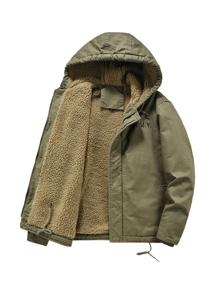 Herren Military-inspirierte Thermo-Kapuzenjacke mit Teddy‑Sherpa‑Futter und Kordelzug Drune