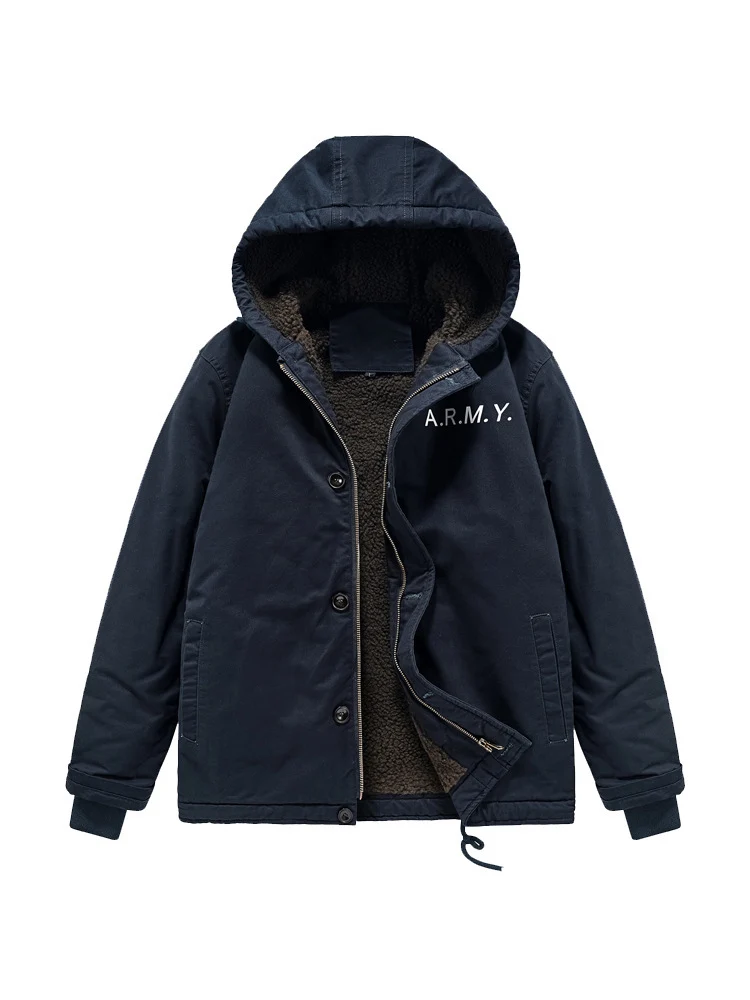 Herren Military-inspirierte Thermo-Kapuzenjacke mit Teddy‑Sherpa‑Futter und Kordelzug Drune