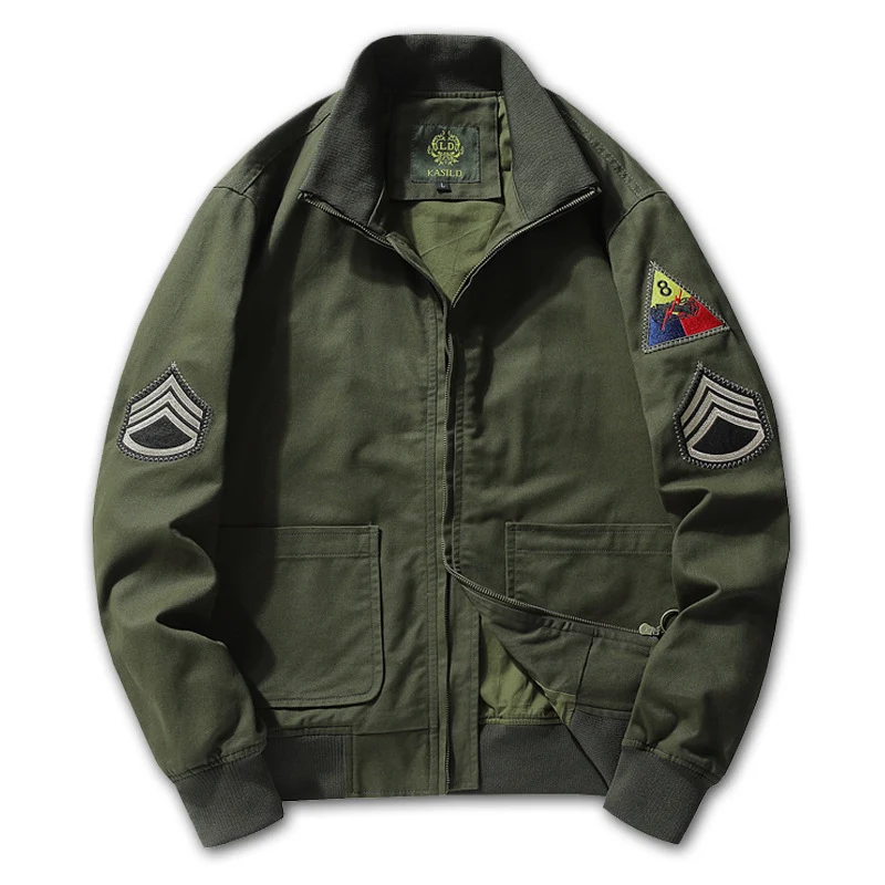 Herren Military-inspirierte Canvas-Bomberjacke mit Aufnähern, Stehkragen und Utility-Taschen Drune