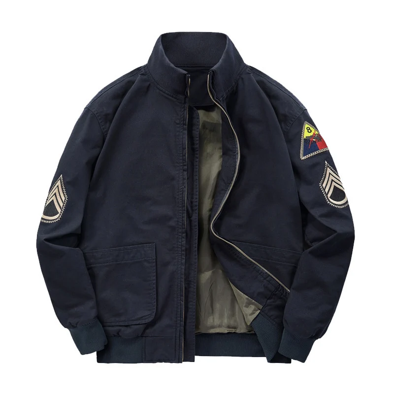 Herren Military-inspirierte Canvas-Bomberjacke mit Aufnähern, Stehkragen und Utility-Taschen Drune