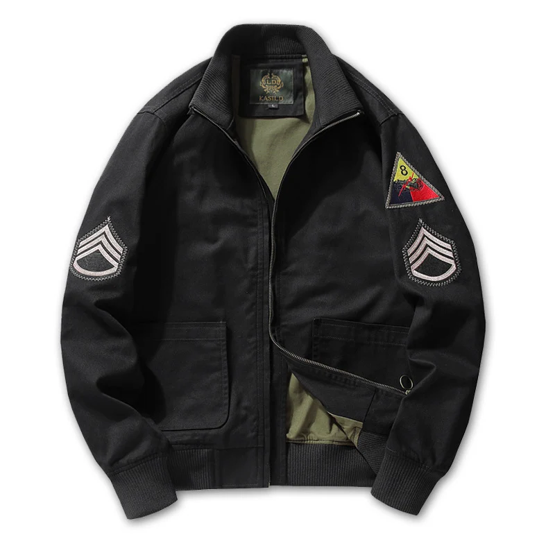 Herren Military-inspirierte Canvas-Bomberjacke mit Aufnähern, Stehkragen und Utility-Taschen Drune