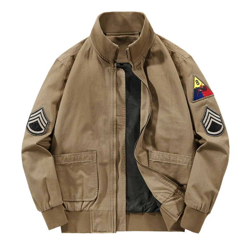 Herren Military-inspirierte Canvas-Bomberjacke mit Aufnähern, Stehkragen und Utility-Taschen Drune