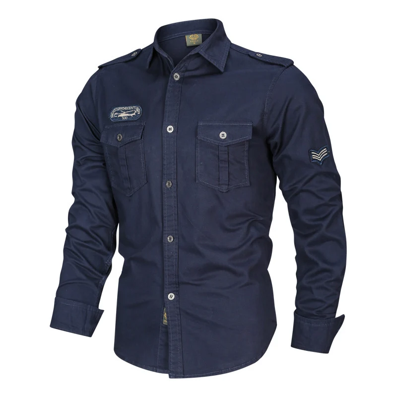 Herren Militärisches Baumwollhemd mit Schulterklappen, Pattentaschen und Stickpatches Drune